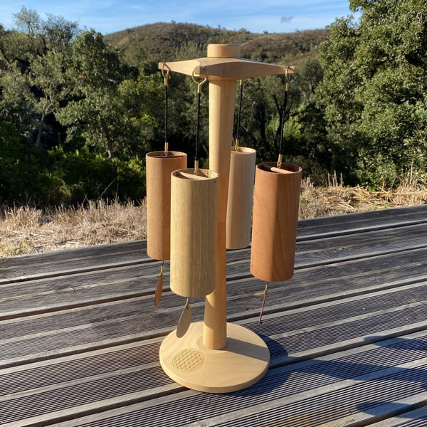 Koshi Earth Symphony Set of 4 Chimes + Premium Flower of Life Stand. Made in France - wind chime set with stand