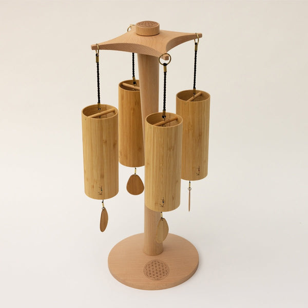 Koshi Chimes Set of 4 with rotating stand Terra/Aqua/Aria/Ignis Flower of Life, solid beech wood stand made by an artisan woodturner, made in germany